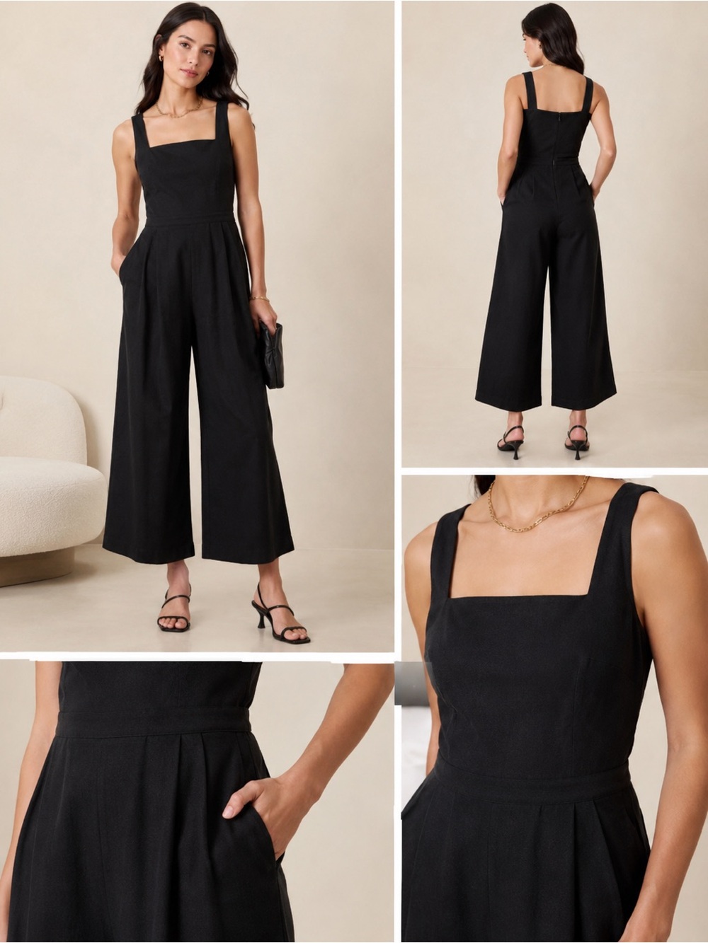 Square-Neck Linen Blend Wide-Leg Jumpsuit